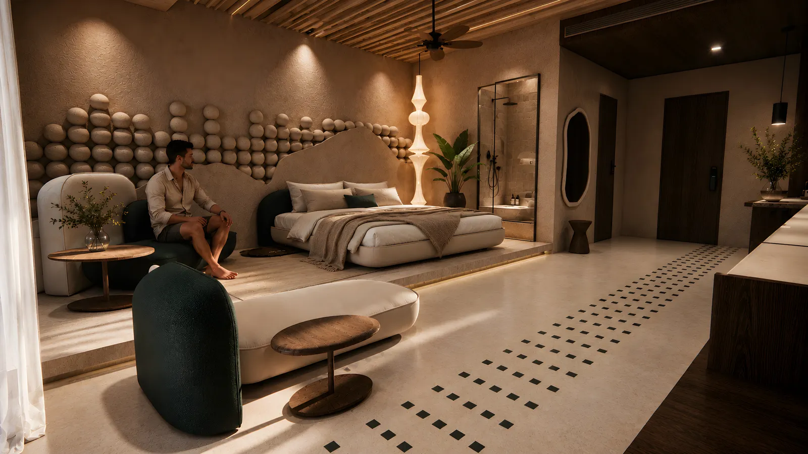 Warm clubhouse suite with sculptural wall detail, bed and lounge seating.