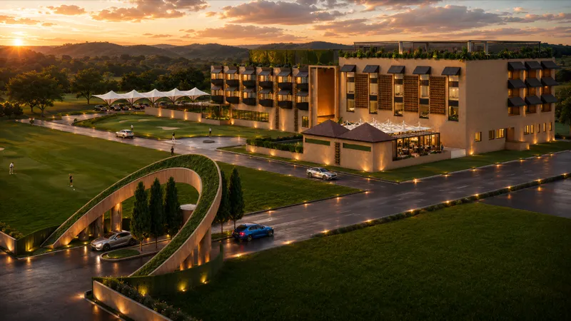Sunset aerial view of the Saanidhya Greens clubhouse and landscaped arrival.