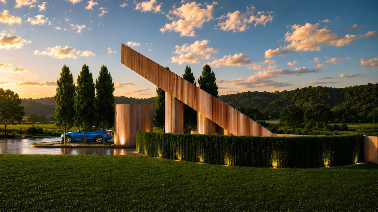 Sculptural arrival stairway and landscaped edge at Saanidhya Greens during sunset.