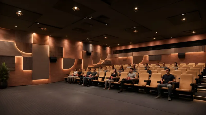 Private theatre seating with warm acoustic wall panels at Saanidhya Greens.