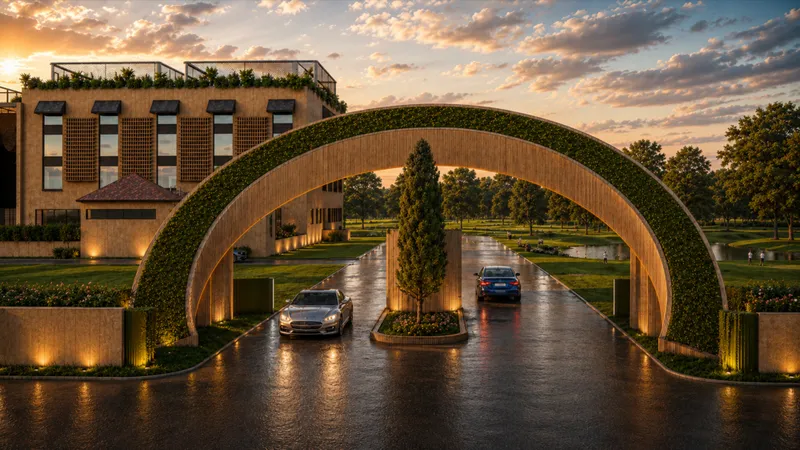 Green arrival arch and landscaped driveway at Saanidhya Greens during sunset.