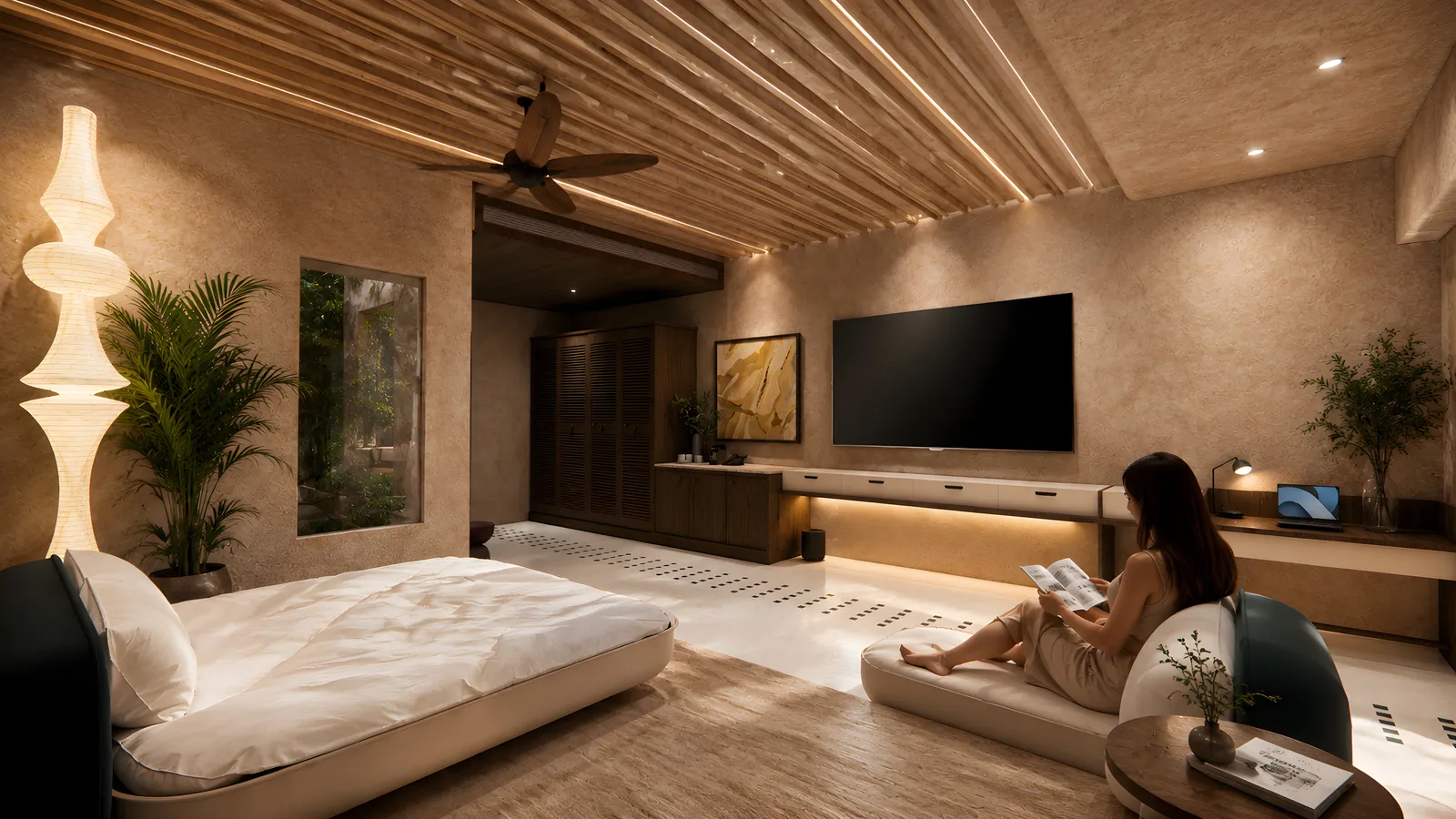 Warm private suite with layered wood ceiling, lounge seating and garden-facing window.