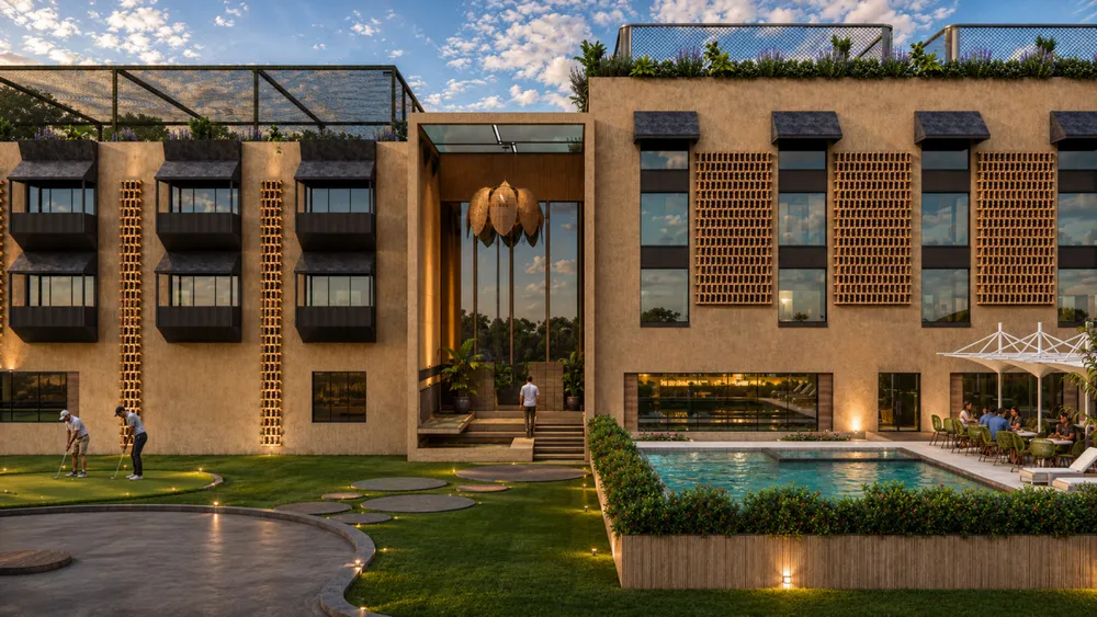 Clubhouse facade with poolside landscape and evening-lit architectural screens.