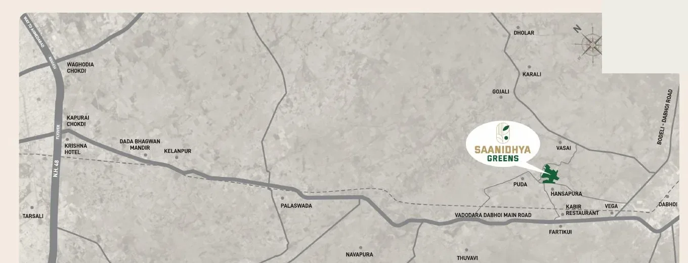 Location map showing Saanidhya Greens near Hansapura and the Vadodara-Dabhoi Main Road.